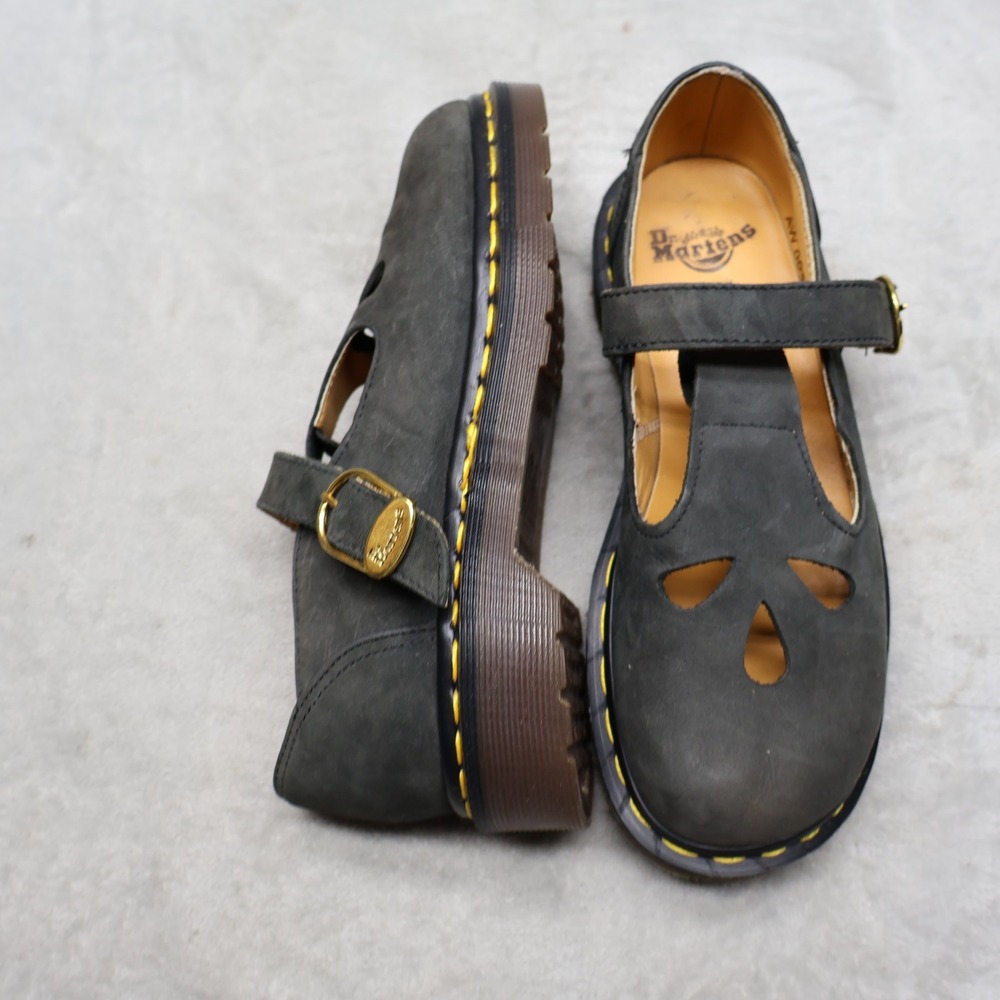 Dr. Martens Womens 5 Mary Jane Shoes Grey Leather Cut-Out T-Bar Buckle VTG UK 3